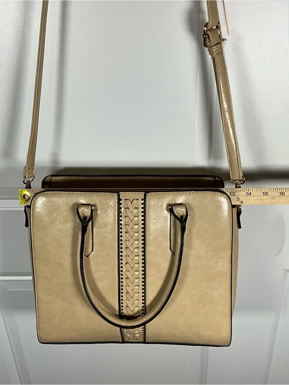 Neutral Beige Woven-Trim Satchel with Black Piping Faux Leather Braided Accent
